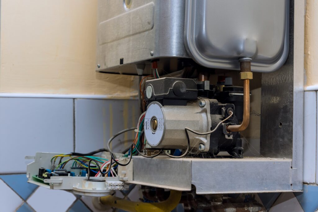Gas boiler system installed in a residential property, showing the internal components and piping.