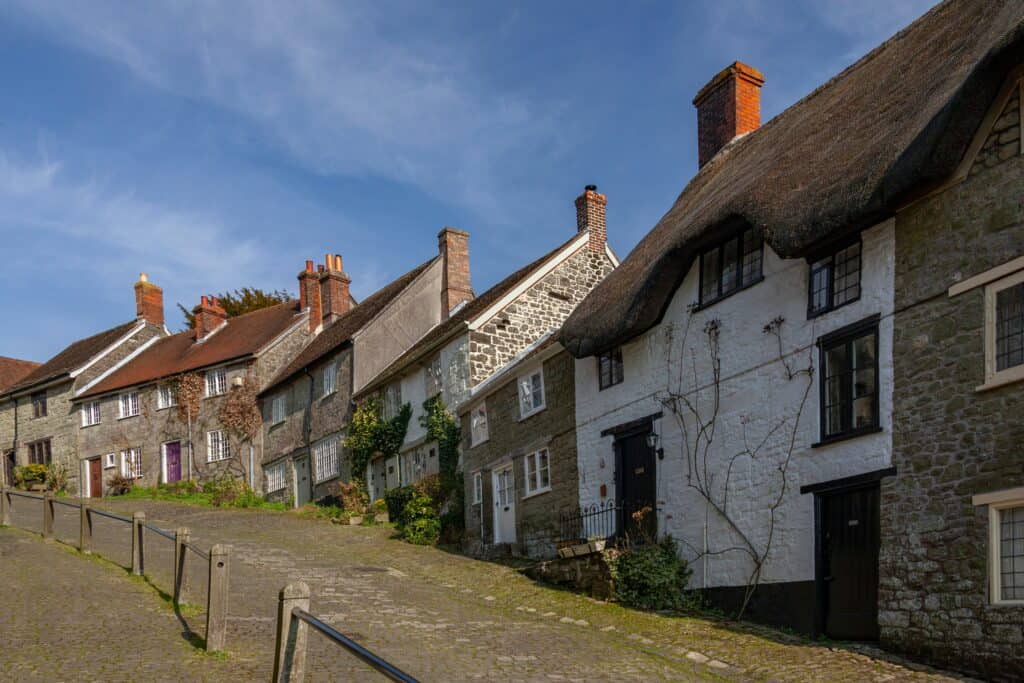 Old stone cottages on a sloped street in a historic village.