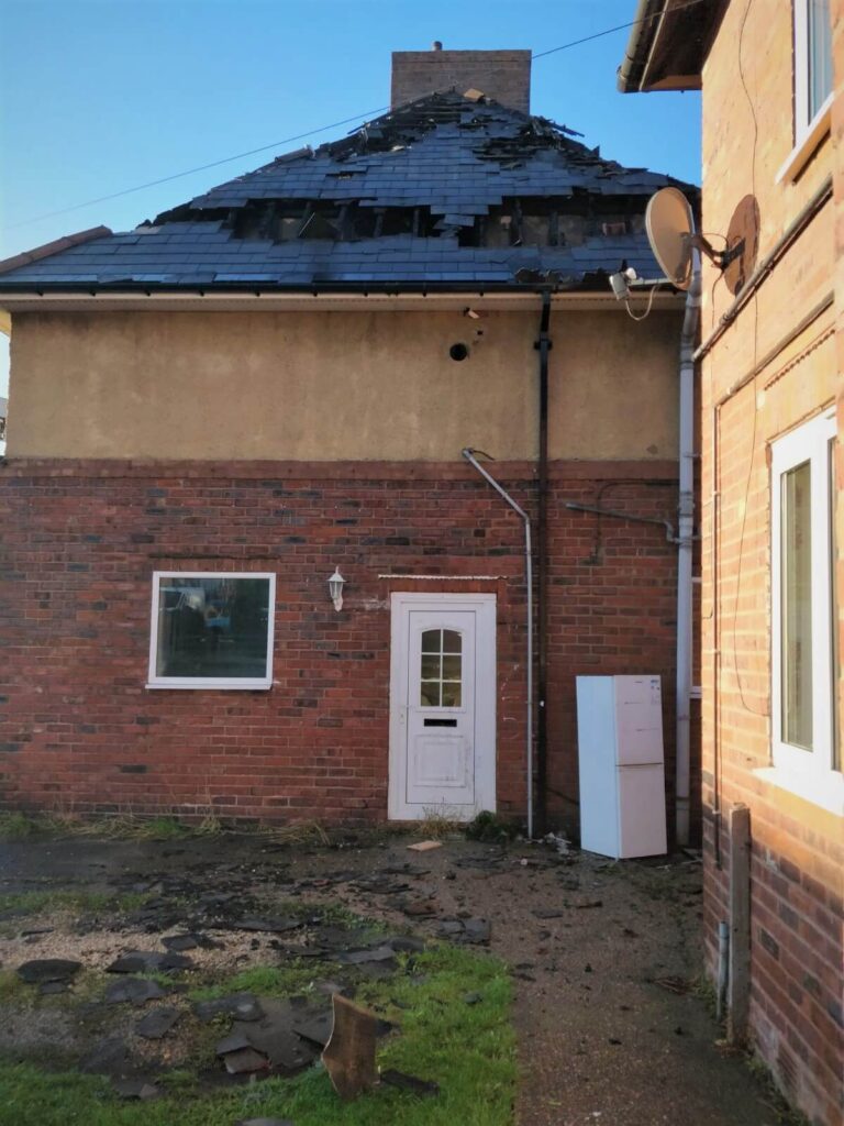 Damaged roof caused by storm or fire, property damage repair and restoration, roof repair services, property rescue, emergency property recovery, Property Saviour specialist repair team, roofing damage recovery, expert property restoration, roofing emergency response, property insurance claim repair.