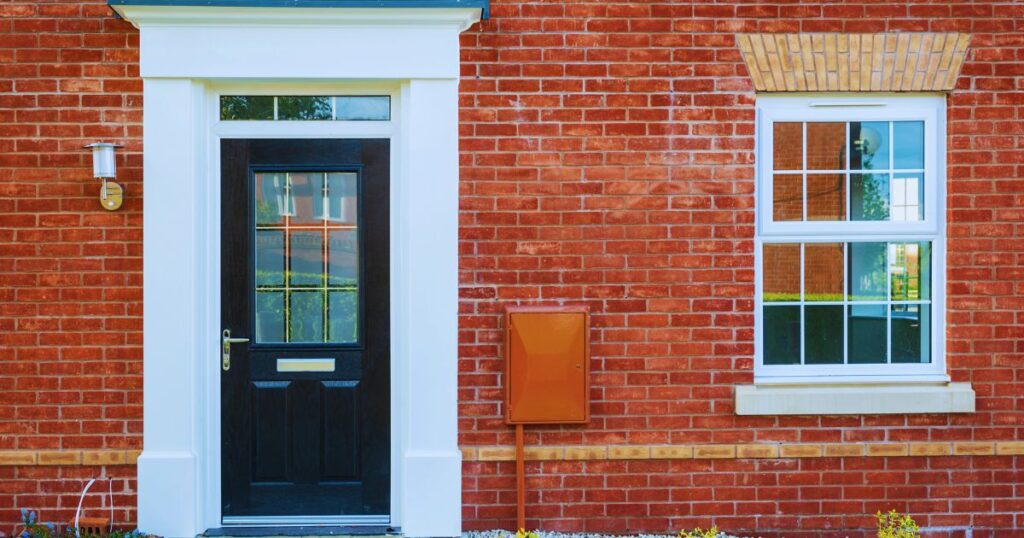 Close-up of a secure front door with a modern lock and a brick house exterior, highlighting home security features for property selling at auction.