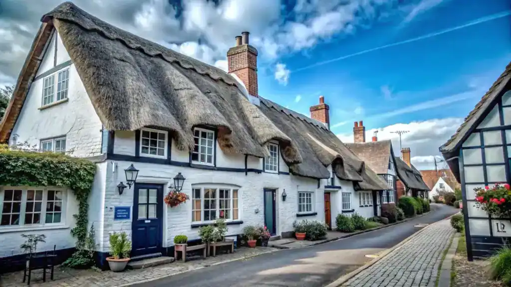 Charming traditional cottage with a thatched roof, white walls, and blue door, situated in a picturesque village setting under a partly cloudy sky.