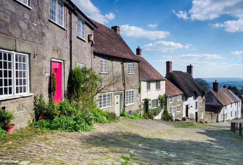 Colourful historic village street with traditional stone cottages and cobblestone pavement, charming rural scenery, perfect for property restoration and real estate opportunities.