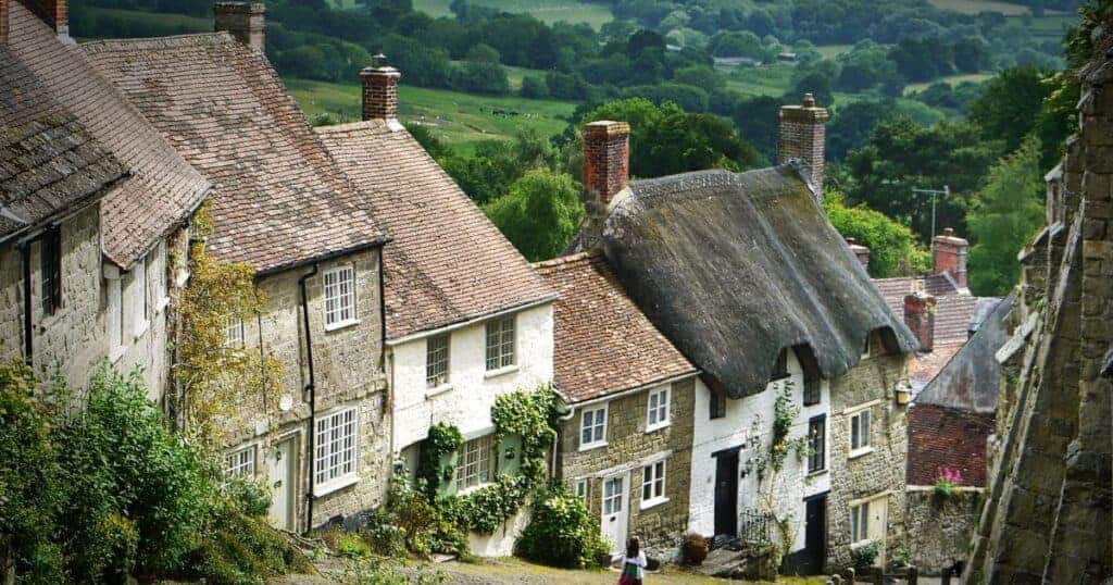 Charming historic cottages with traditional thatched and tiled roofs set in a picturesque rural village landscape, ideal for property preservation and home renovation projects.