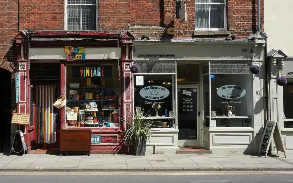 Charming vintage shopfront and coffee shop on a high street, showcasing retail and hospitality businesses with inviting displays and signage.