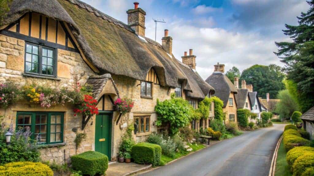 An idyllic row of traditional Cotswold cottages with thatched roofs, lush gardens, and a peaceful village street, illustrating heritage property features relevant to inheritance tax planning.