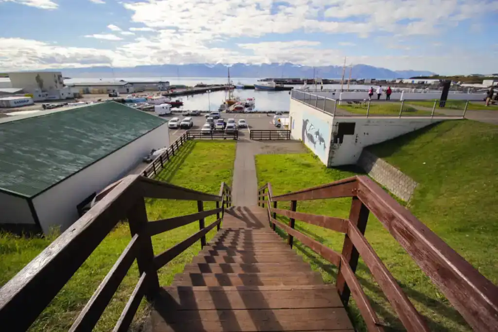 Scenic harbour view with wooden stairs leading down to the dock, showcasing boats and waterfront scenery under a partly cloudy sky.