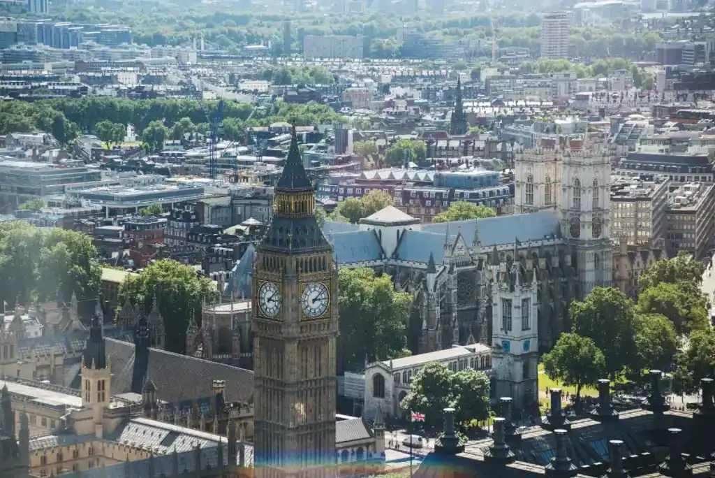 Aerial view of Big Ben and the Houses of Parliament in London, showcasing historic architecture and the city skyline on a clear day.