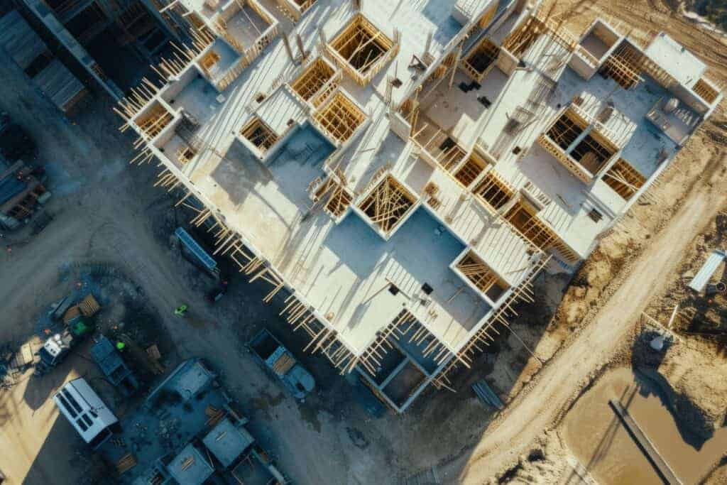 New residential construction site showing wooden framework and concrete base in early building phase.