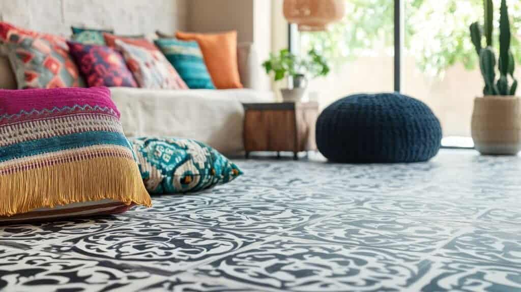 Brightly coloured decorative cushions on a stylish living room floor with patterned tiles, sunlight streaming through large windows, creating a vibrant, cozy, and inviting home interior.