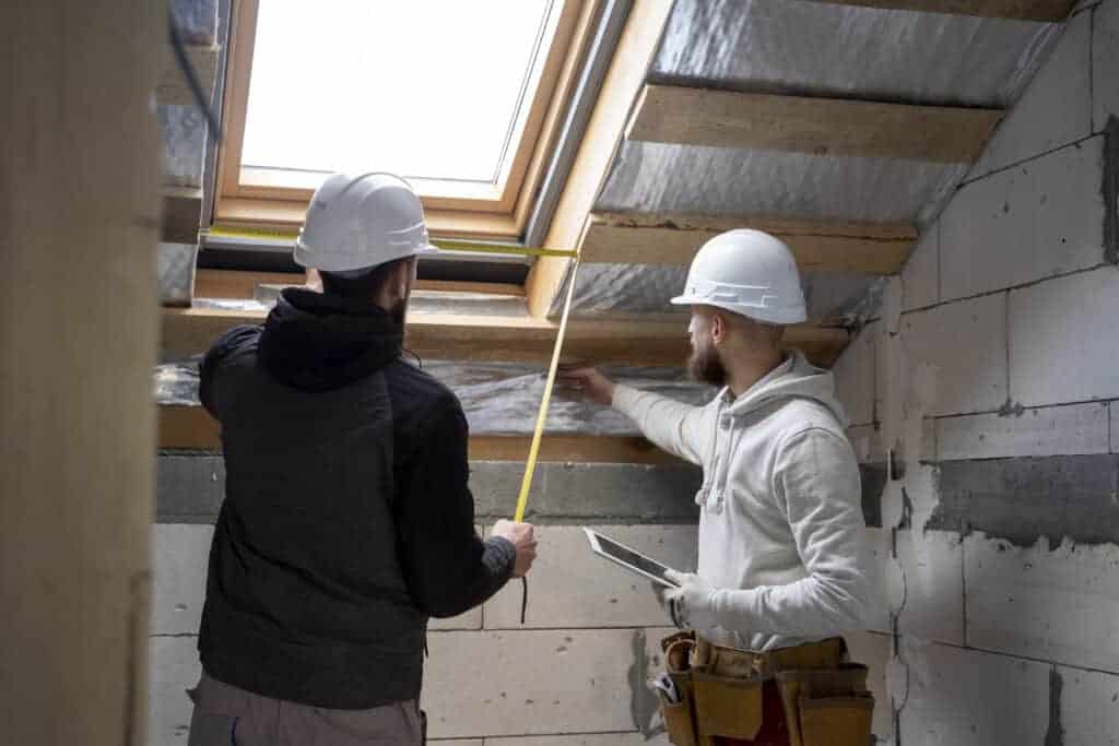 1. Builders measuring and inspecting a roof skylight installation inside a residential property for accurate fitting and waterproofing.