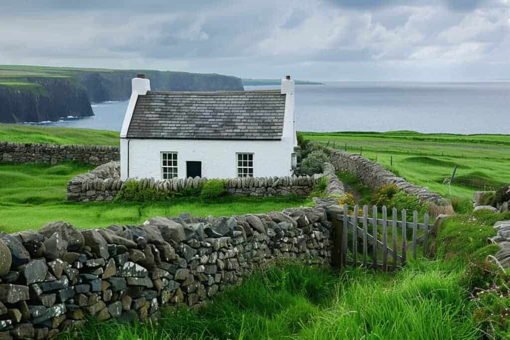 Charming white cottage with stone walls on lush green countryside overlooking the coast, surrounded by stone fences and vibrant grass, near dramatic cliffs and the sea in the background.
