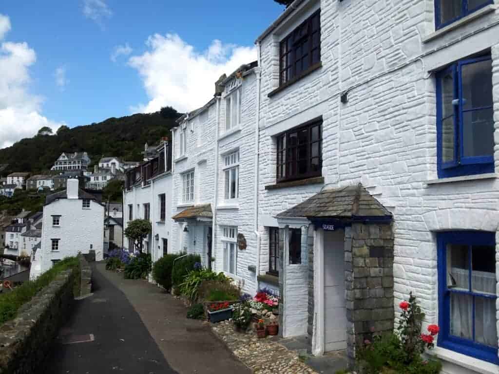 Charming seaside white cottages with colourful window frames, coastal gardens, and scenic hillside views, ideal for property renovation and investment with Property Saviour.