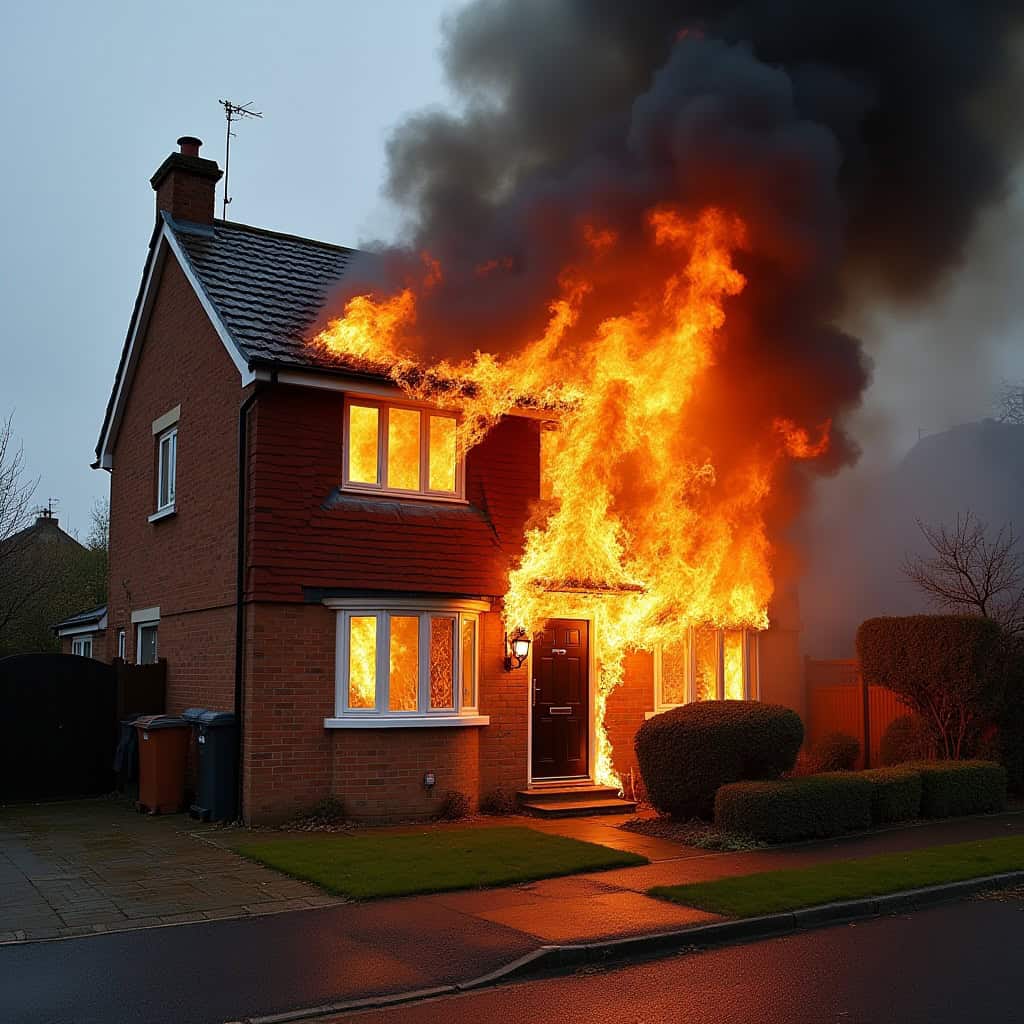 Two-storey house engulfed in bright flames and thick smoke under a cloudy sky, windows aglow with fire, front garden visible.