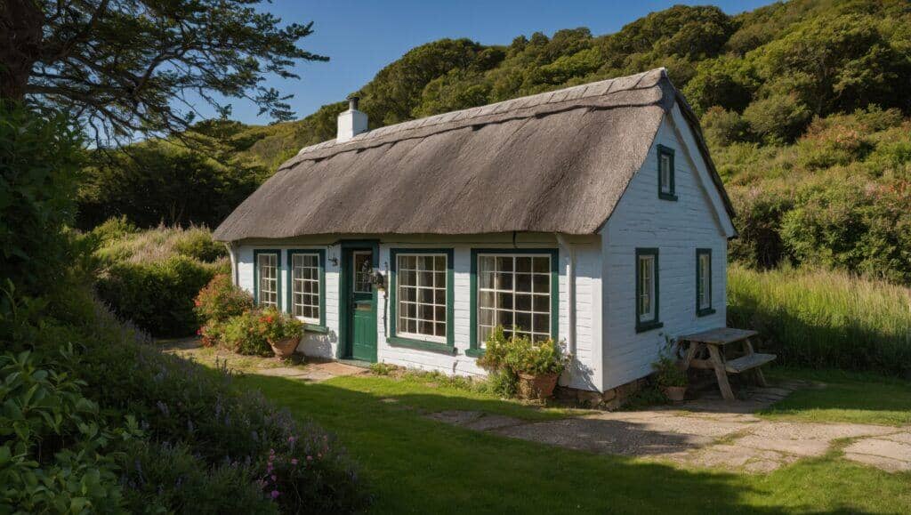A picturesque white cottage with a thatched roof, surrounded by lush greenery and scenic countryside, ideal for those looking to sell their house to fund retirement.