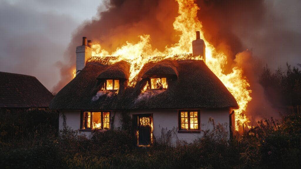 Thatched cottage engulfed in flames with smoke towering into the sky, windows and doors alight as fire consumes the roof.