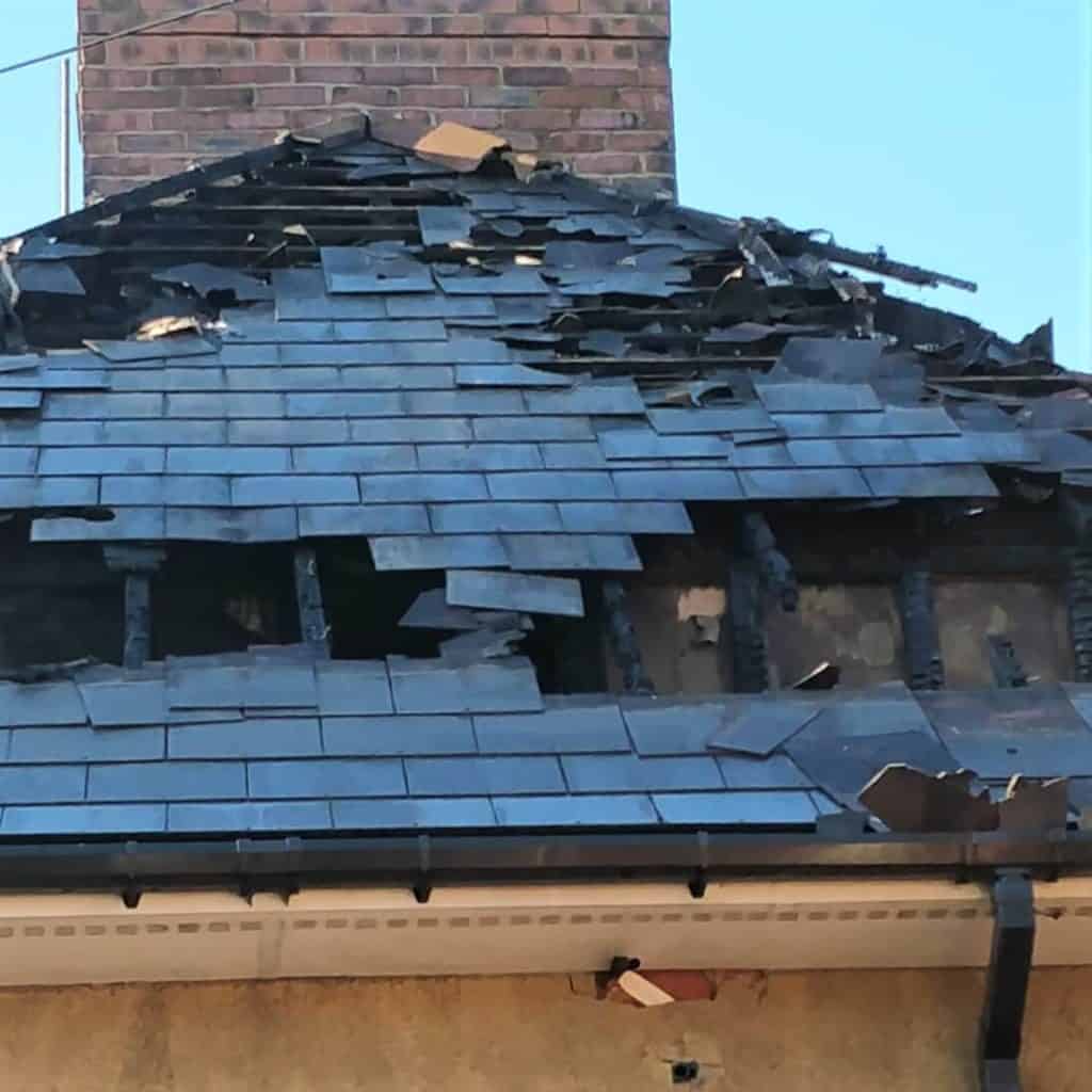 Roof damaged by a house fire