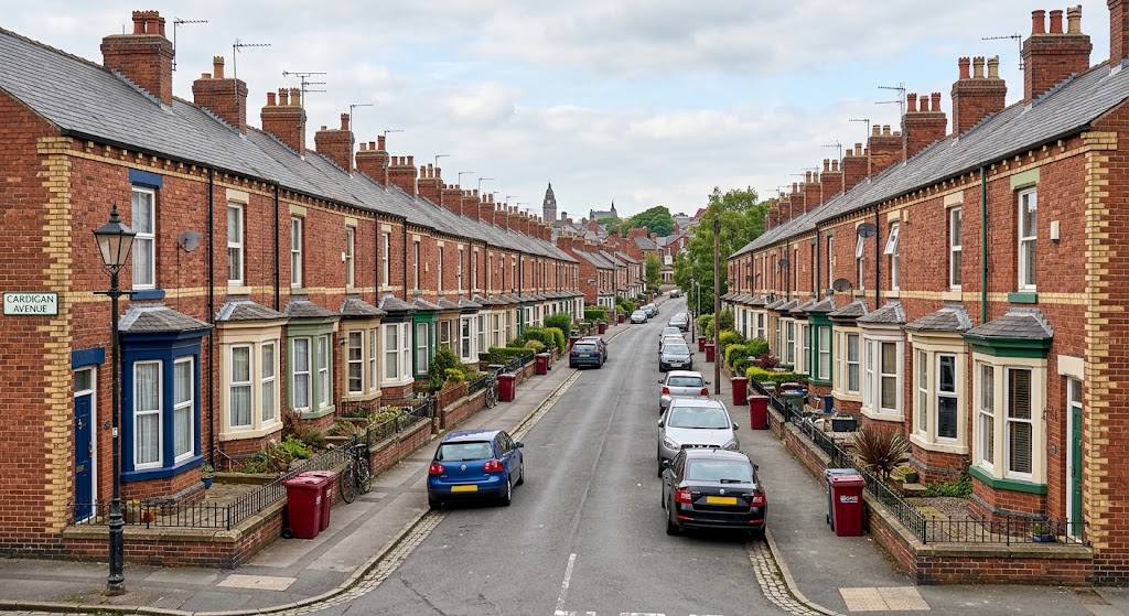 An elevated view looking down Cardigan Avenue, a long residential street of traditional red-brick terraced houses in Leeds. Cars are parallel parked along the road, and the distant Leeds skyline, featuring the Town Hall clock tower, is visible under a cloudy sky.