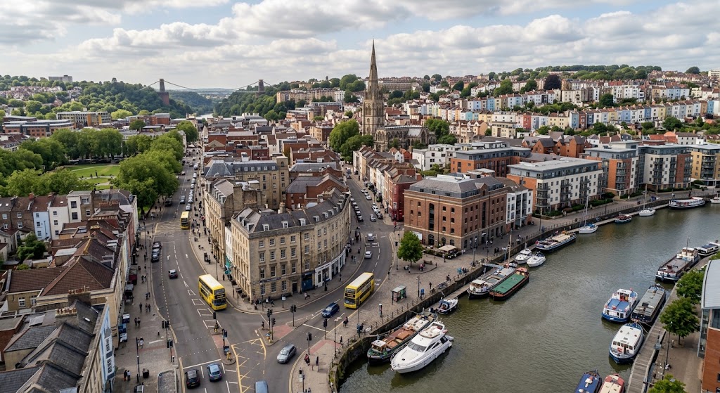An elevated, wide-angle aerial view of Bristol city center, England. The scene features the dark waters of the Floating Harbour on the right, filled with numerous boats. A multi-lane street network with yellow double-decker buses runs through the foreground. The prominent, tall spire of St. Mary Redcliffe Church dominates the center background, flanked by a curved arc of classic sandstone buildings and a large green park (Queen Square) on the left. In the far distance, colourful houses line the hills, and the Clifton Suspension Bridge is visible on the far-left horizon. The sky is partly cloudy.
